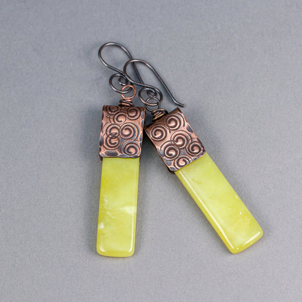 Vibrant Yellow Green Earrings, Natural Serpentine Stone Slab Earrings