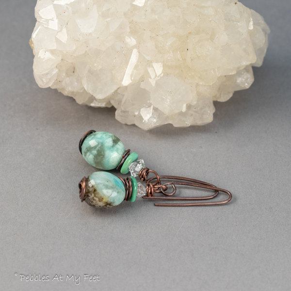 Amazonite, Turquoise, and Herkimer Diamond Earrings Made in Copper