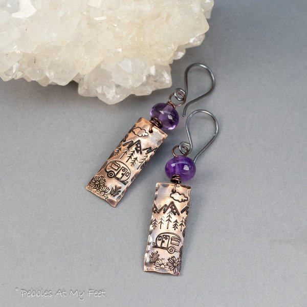Camping Nature Scene Stamped Copper Charm Earrings