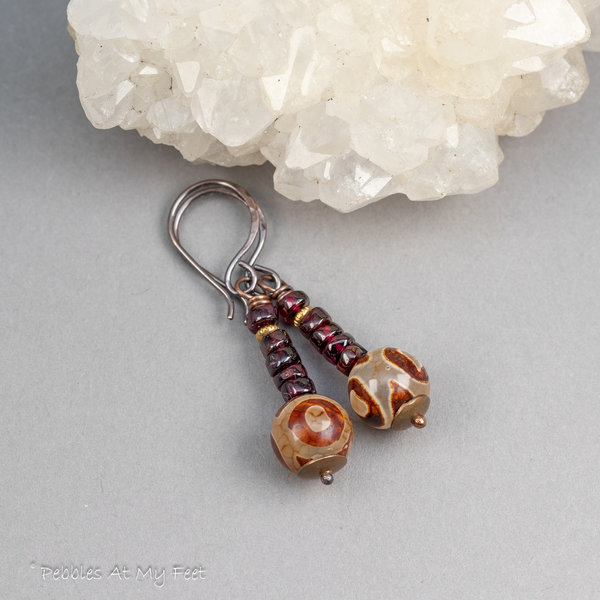 Red Garnet and Dzi Agate Earrings Handmade in Copper