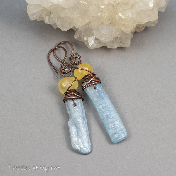 Silvery Blue Kyanite Earrings Hand Wired in Copper