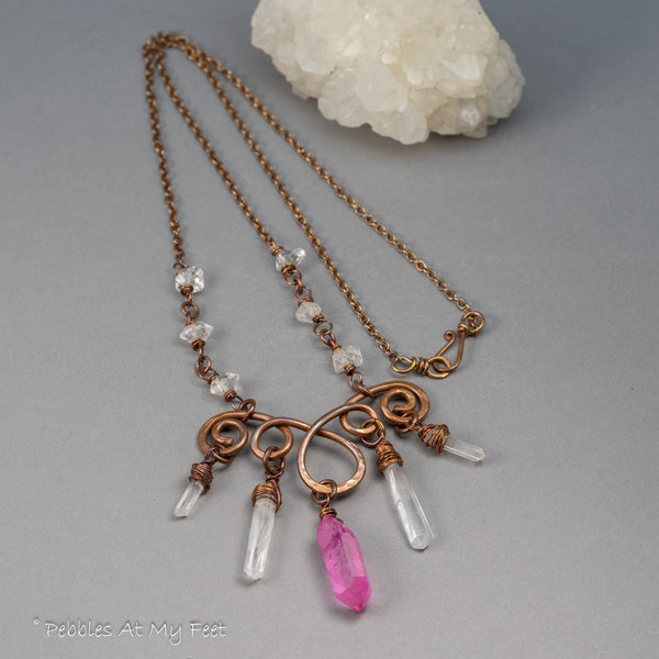 Copper Lavalier Necklace with Quartz Crystal Points