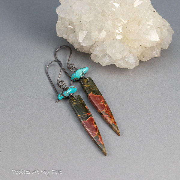 Stone Dagger Earrings in Sterling Silver, Red Creek Jasper Earrings and Nevada Turquoise Earrings