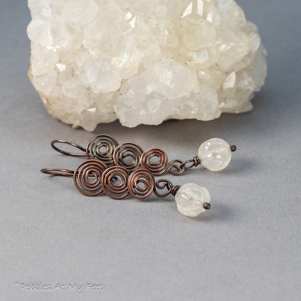 Spiral Earrings in Copper with White Quartz Stones