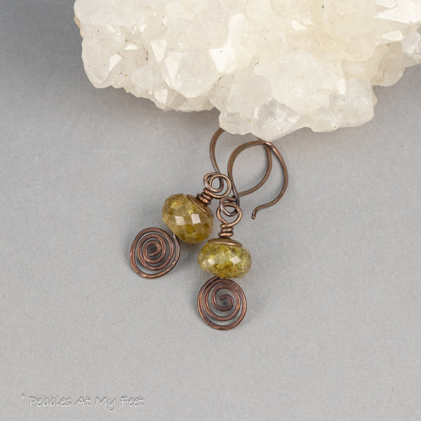 Green Garnet Spiral Drop Earrings Handmade in Copper