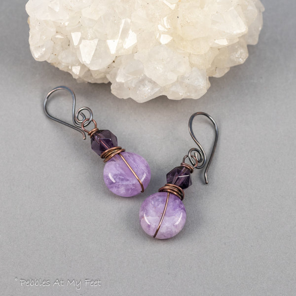 Copper Wire Wrapped Two-Tone Amethyst Earrings 